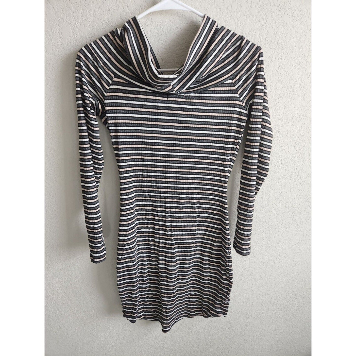 Ultra Flirt Womens Sz M Cowl Neck Mini Dress Gray Striped Ribbed