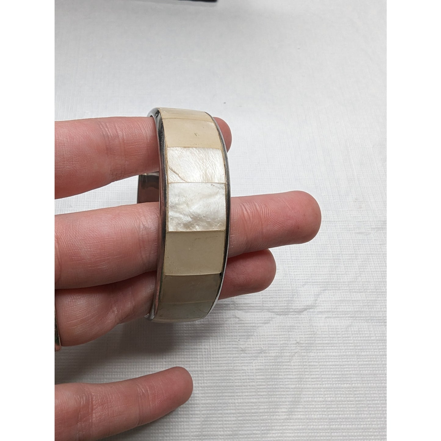 Vintage 1970s Womens Bangle Bracelet Mother of Pearl Ivory Inlay