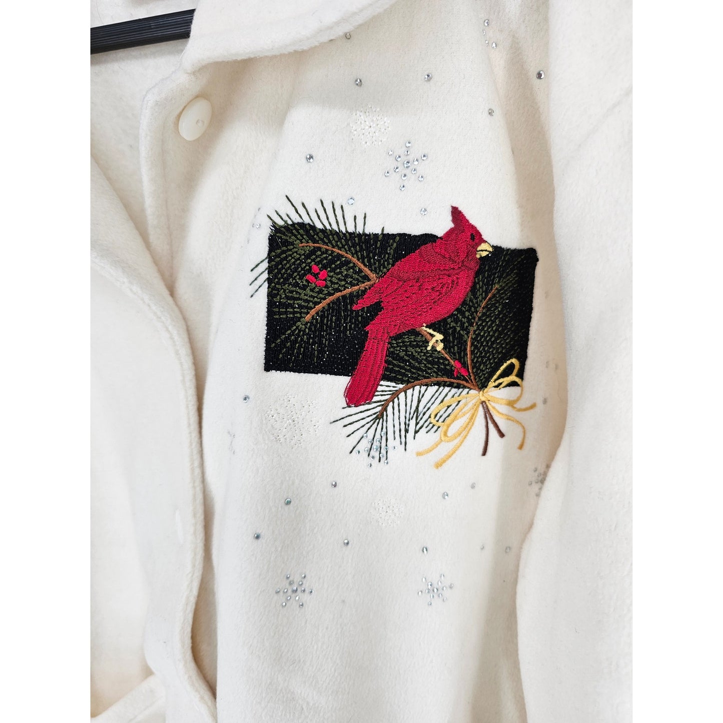 Decorated Originals Womens Sz 1X Fleece Jacket Cream Cardinal Bird Embellished