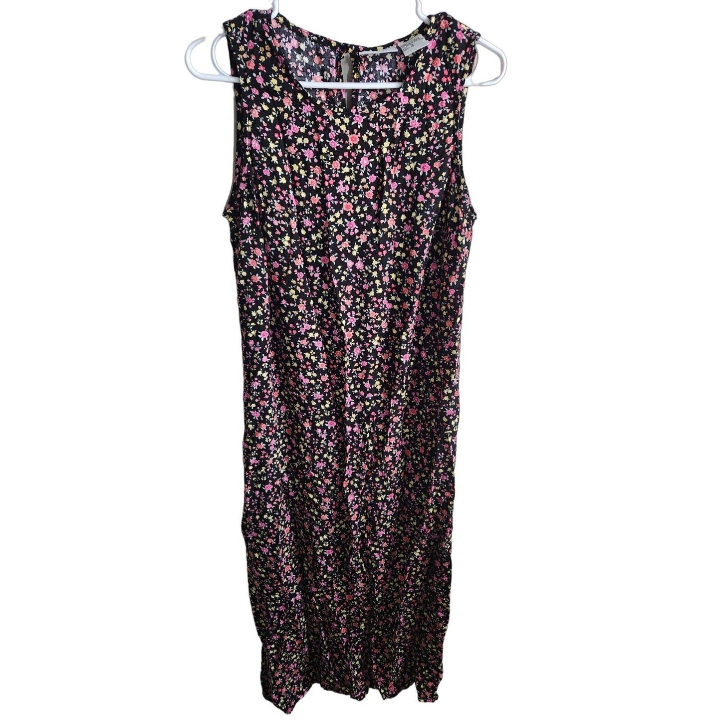 Vintage 1990s Studio Ease Womens Sz 12 Maxi Dress Black Pink Floral Sleeveless
