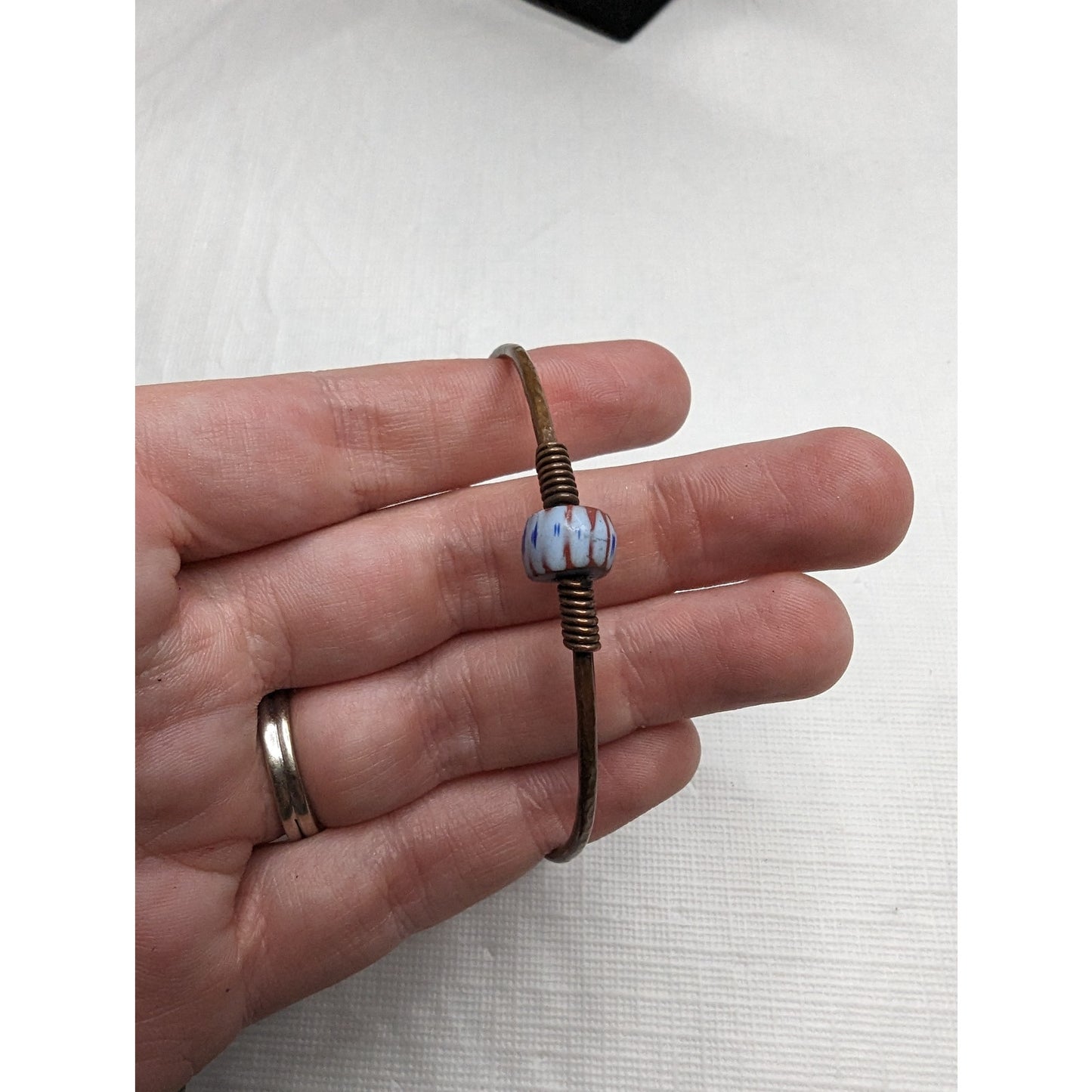 Vintage 1960s Brass Bangle Bracelet W Blue Beads Dainty Small