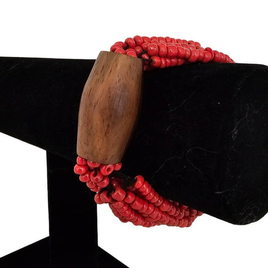 Vintage 1980s Multi Strand Seed Bead Bangle Bracelet Coral and Brown Wood