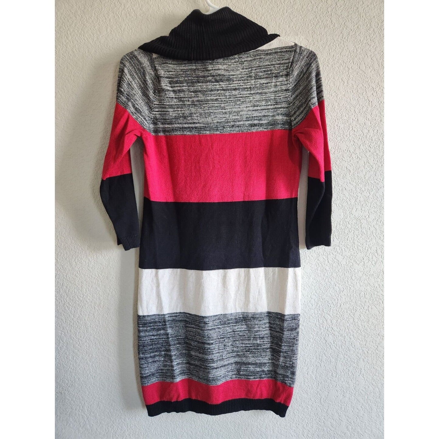Pink Rose Womens Sz M Sweater Dress Cowl Neck Red Gray Black Striped