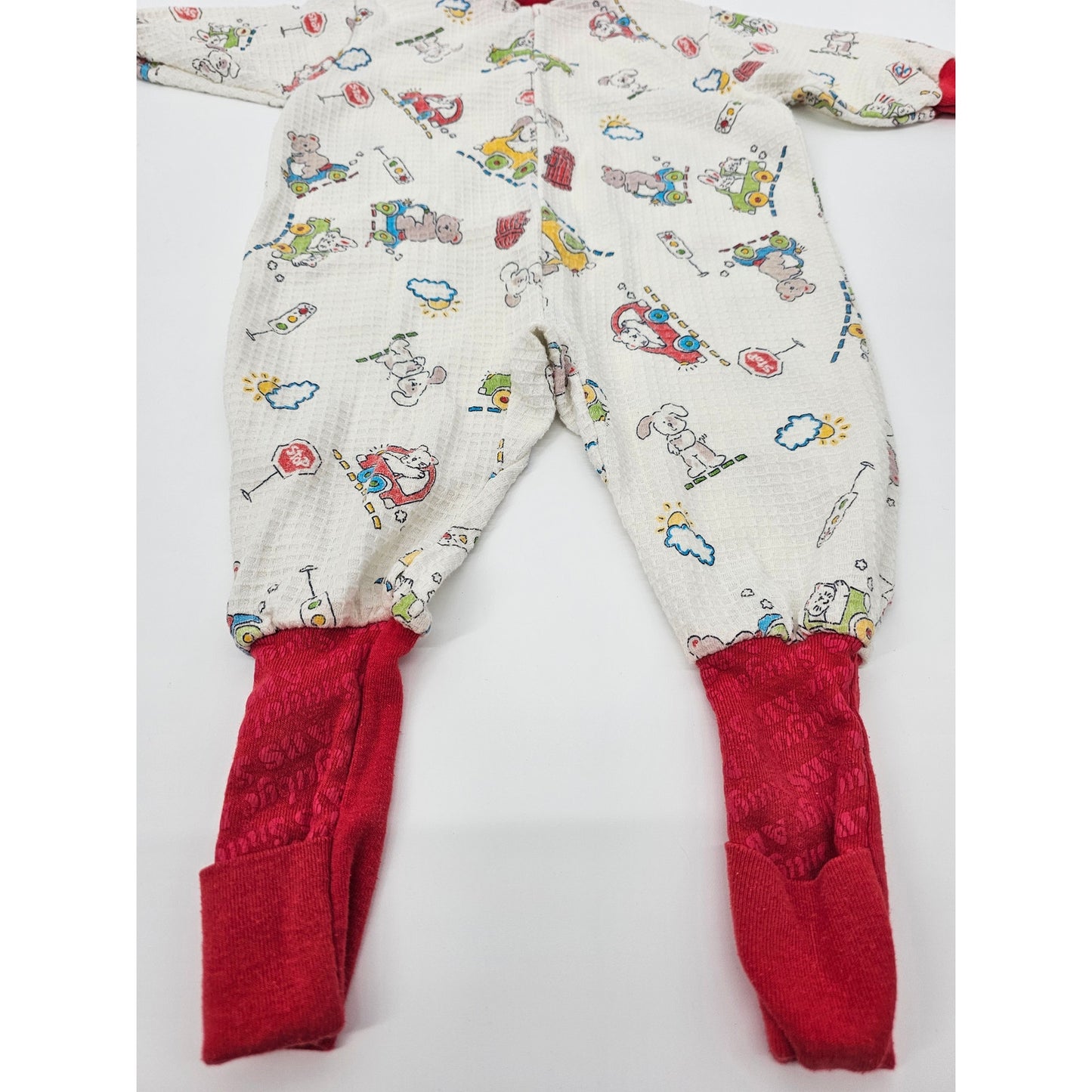 Vintage 1980s Baby Boys Sz 12M Waffle Knit One Piece Pajama Snugabye Cars