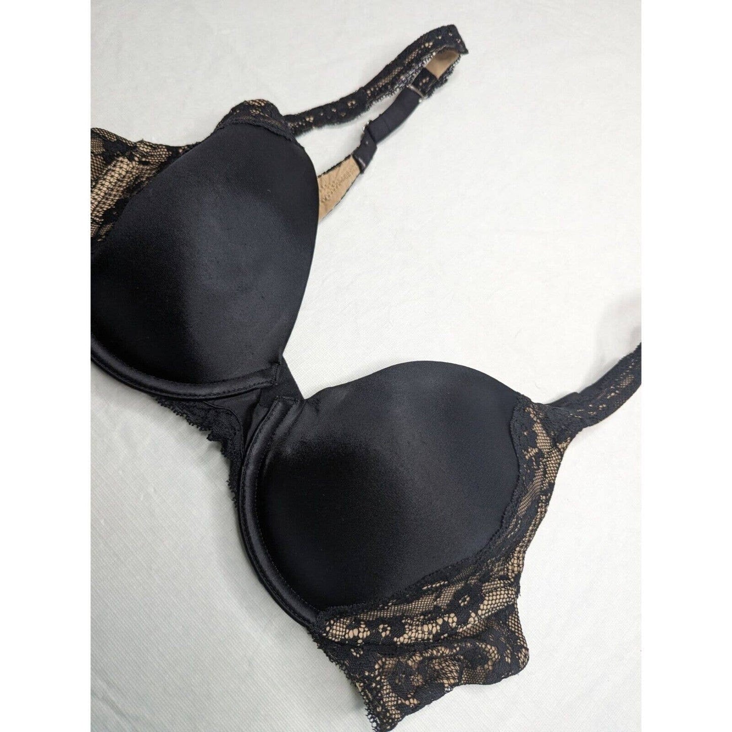 Maidenform mujer Sz 36B camiseta sujetador negro beige encaje ribete