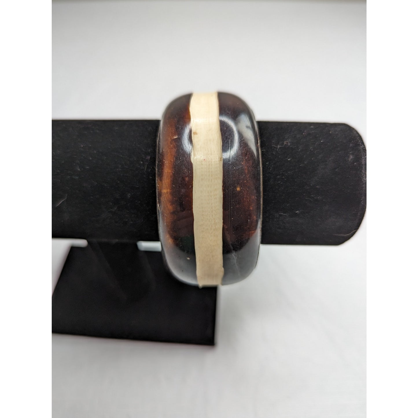 Vintage Mid Century Brass and Wood Bangle Bracelet Brown Ivory