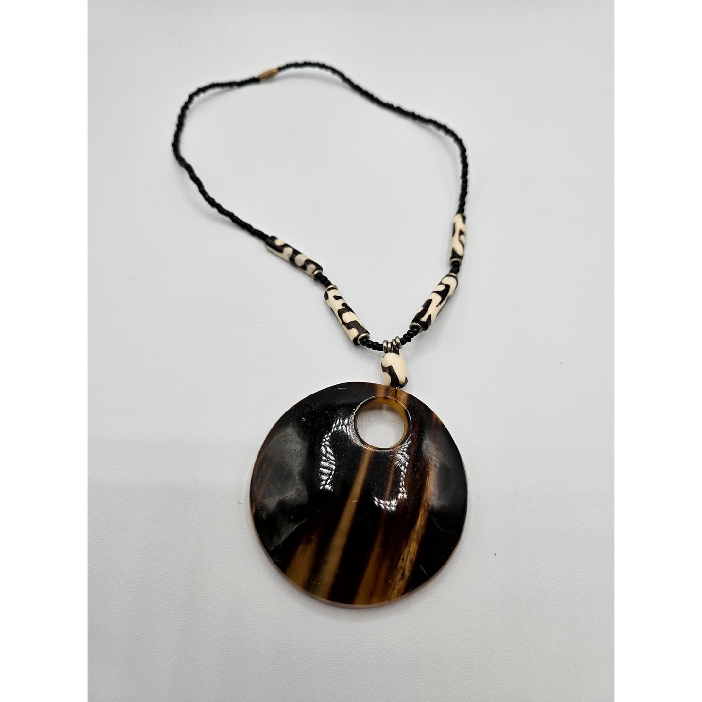 Vintage Amber Tigers Eye Style Pendant Necklace w/ Glass Beads Art to Wear