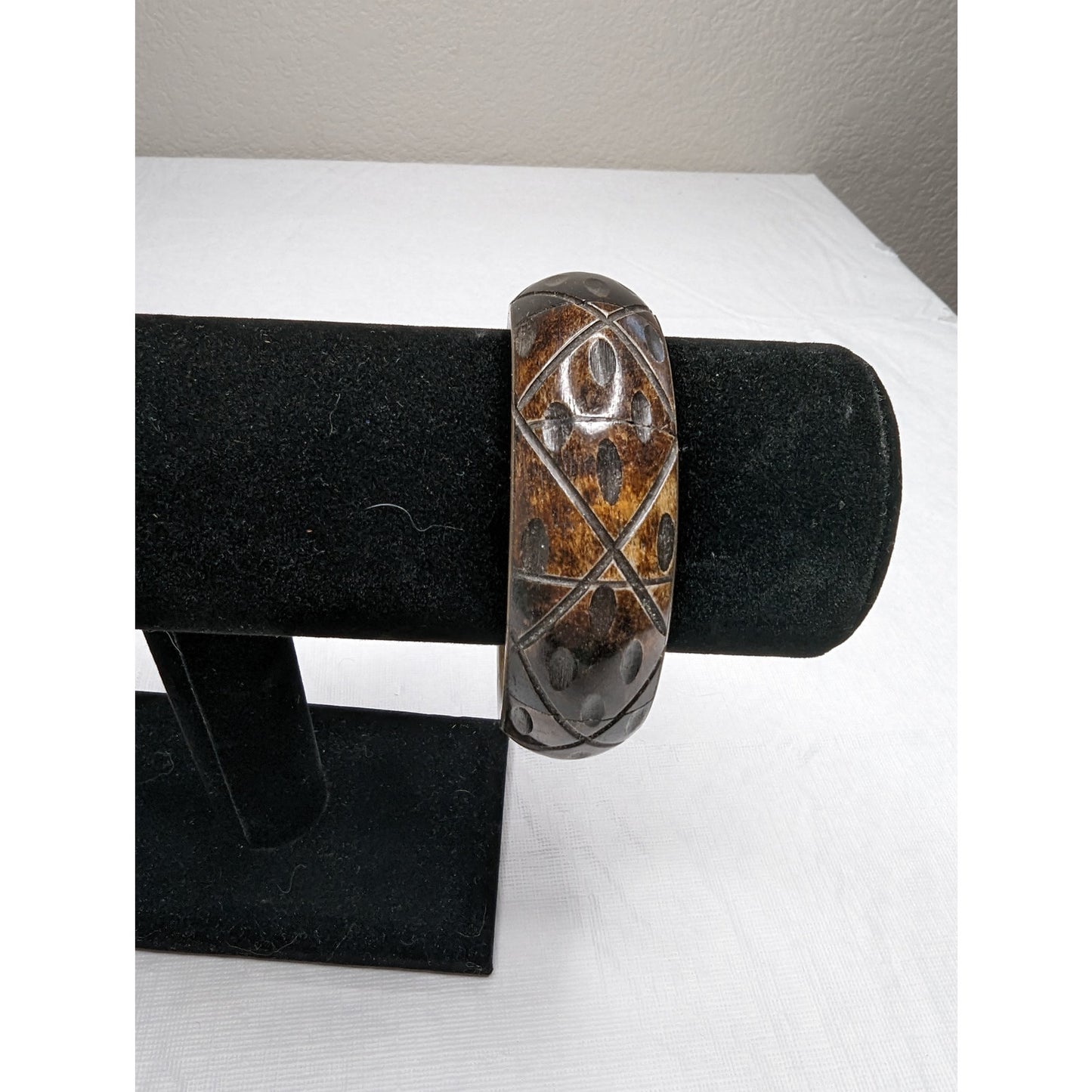Vintage Mid Century Brass and Wood Hand Carved Bangle Bracelet 1960s
