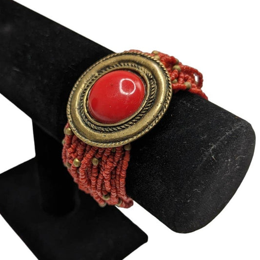 Vintage Mid Century Multi strand Seed Bead Bangle Bracelet Red Gold