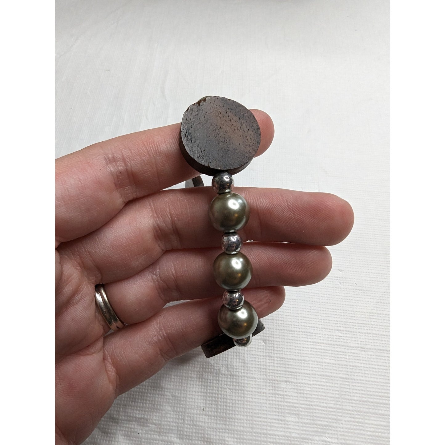 Vintage 1990s Single Strand Beaded Bracelet Silver Metal and Brown Wood Beads