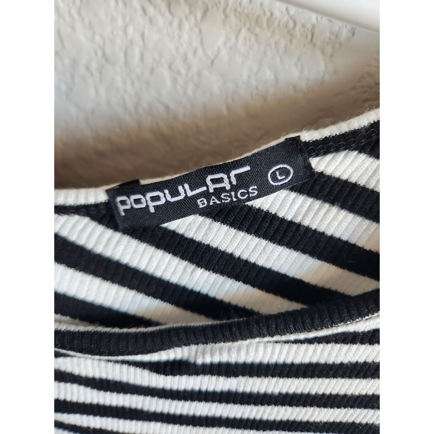Popular Basics Womens Sz L Ribbed Mini Dress Wide Shoulder Black White Striped Y