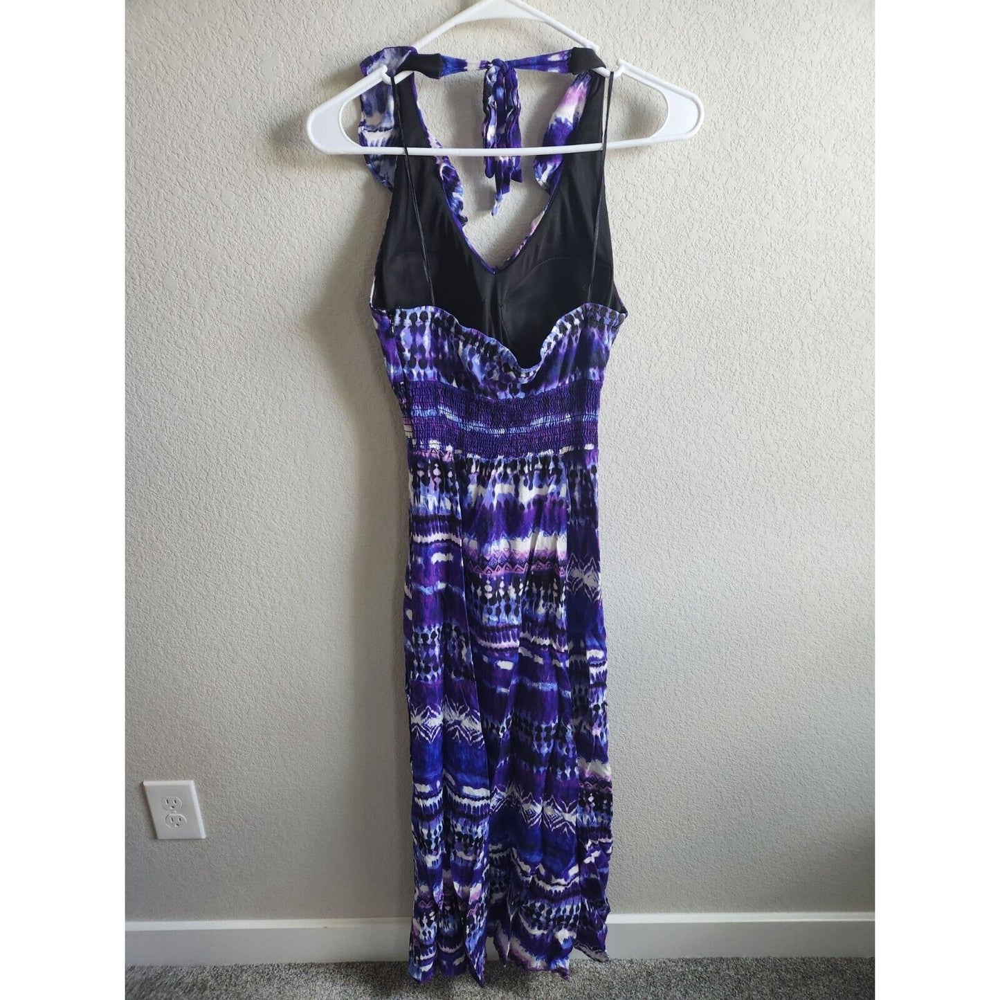 Dressbarn Womens Sz 6 Maxi Length Halter Dress Purple Tie Dye Print Padded Cups
