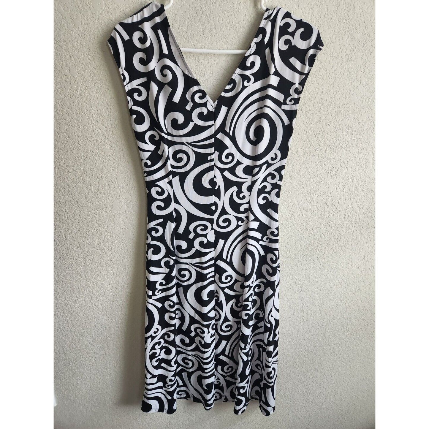 London Style Womens Sz 10 Midi Dress Black White Swirl Print V Neck