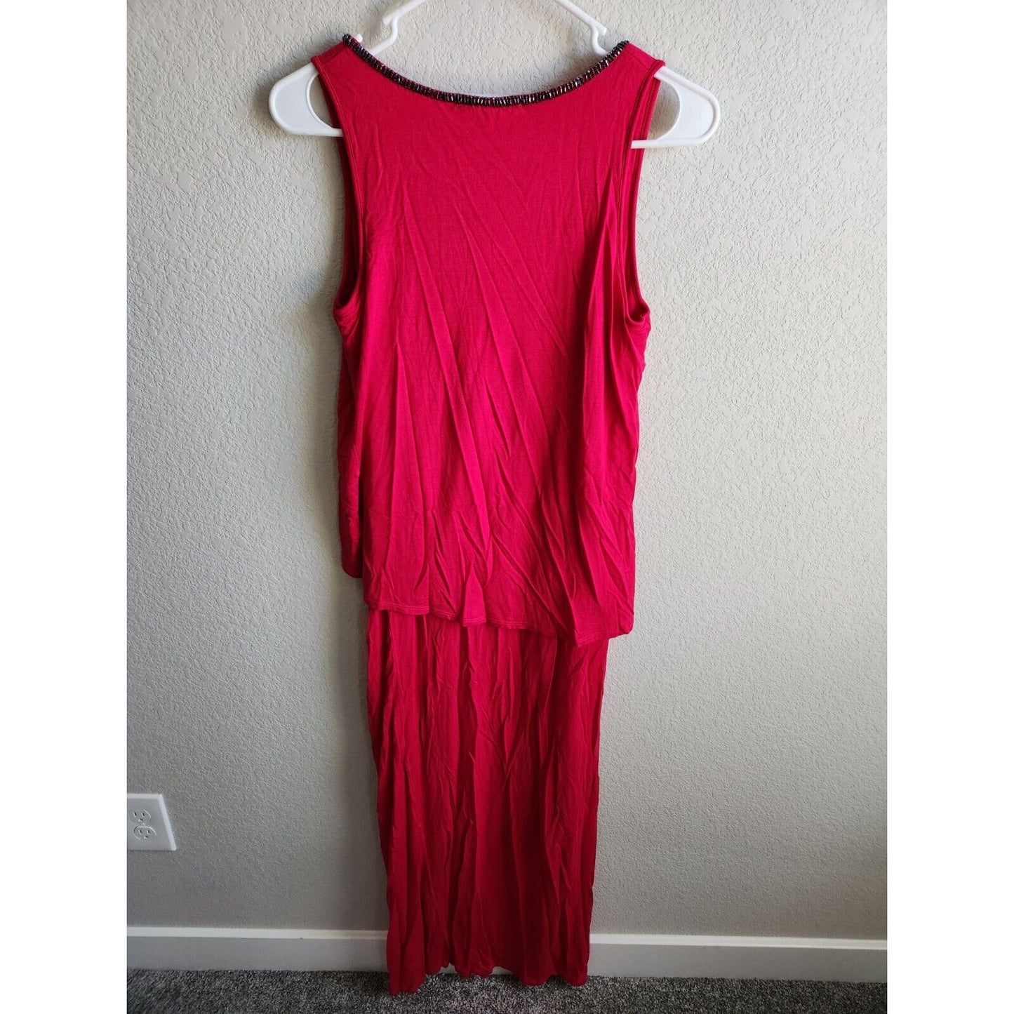 Femme by Tresics Sz M Maxi Dress Bright Pink Beaded Neckline Jersey Knit