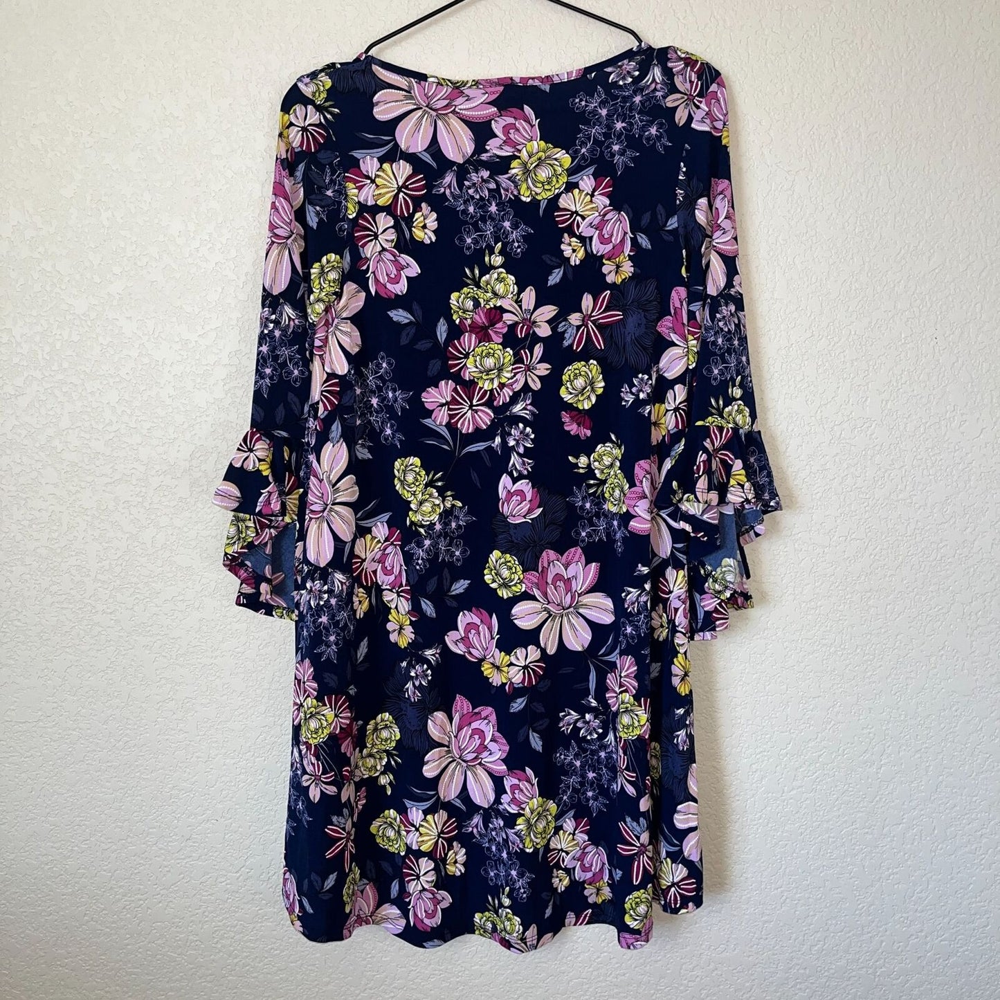 SJS Womens Sz S Knee Length Dress Bell Sleeve Navy Floral