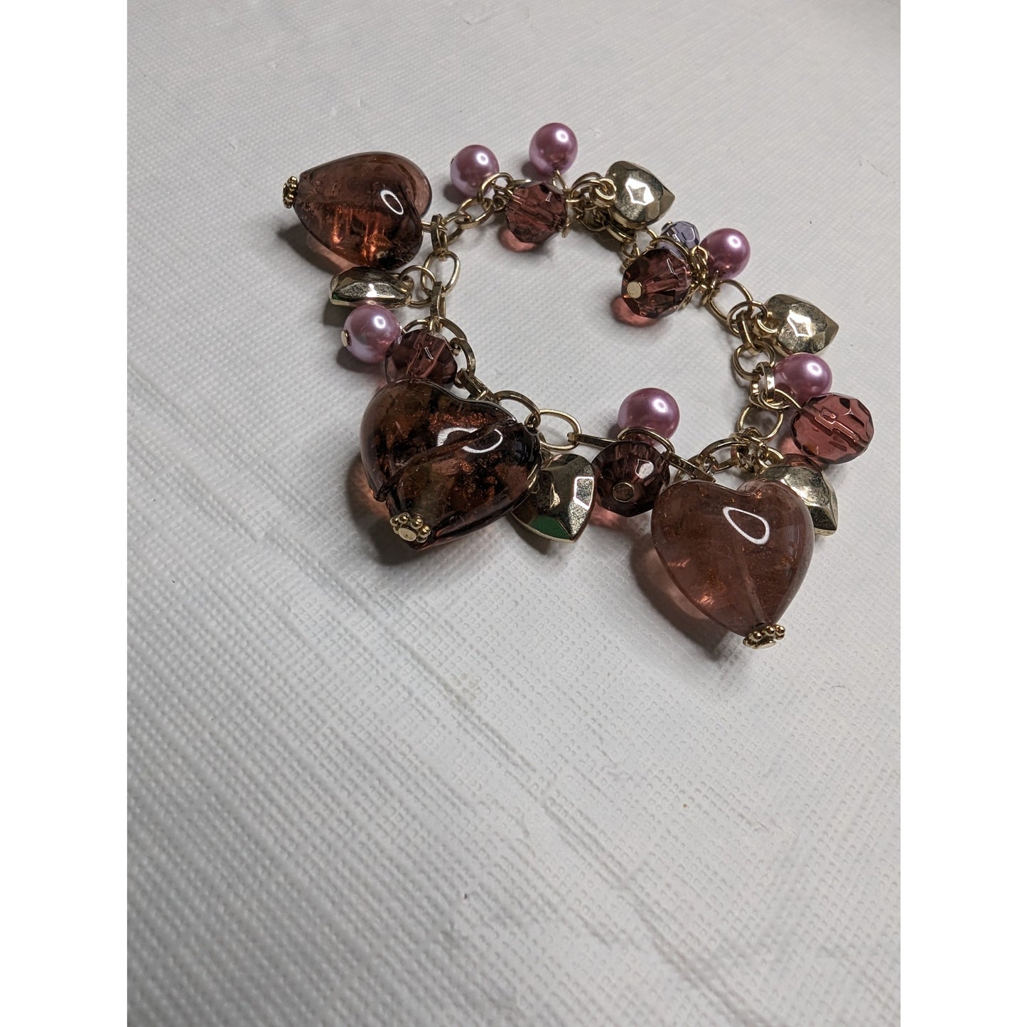 Vintage Y2K womens Chain Charm Bracelet Heart Shaped Glass Beads Purple