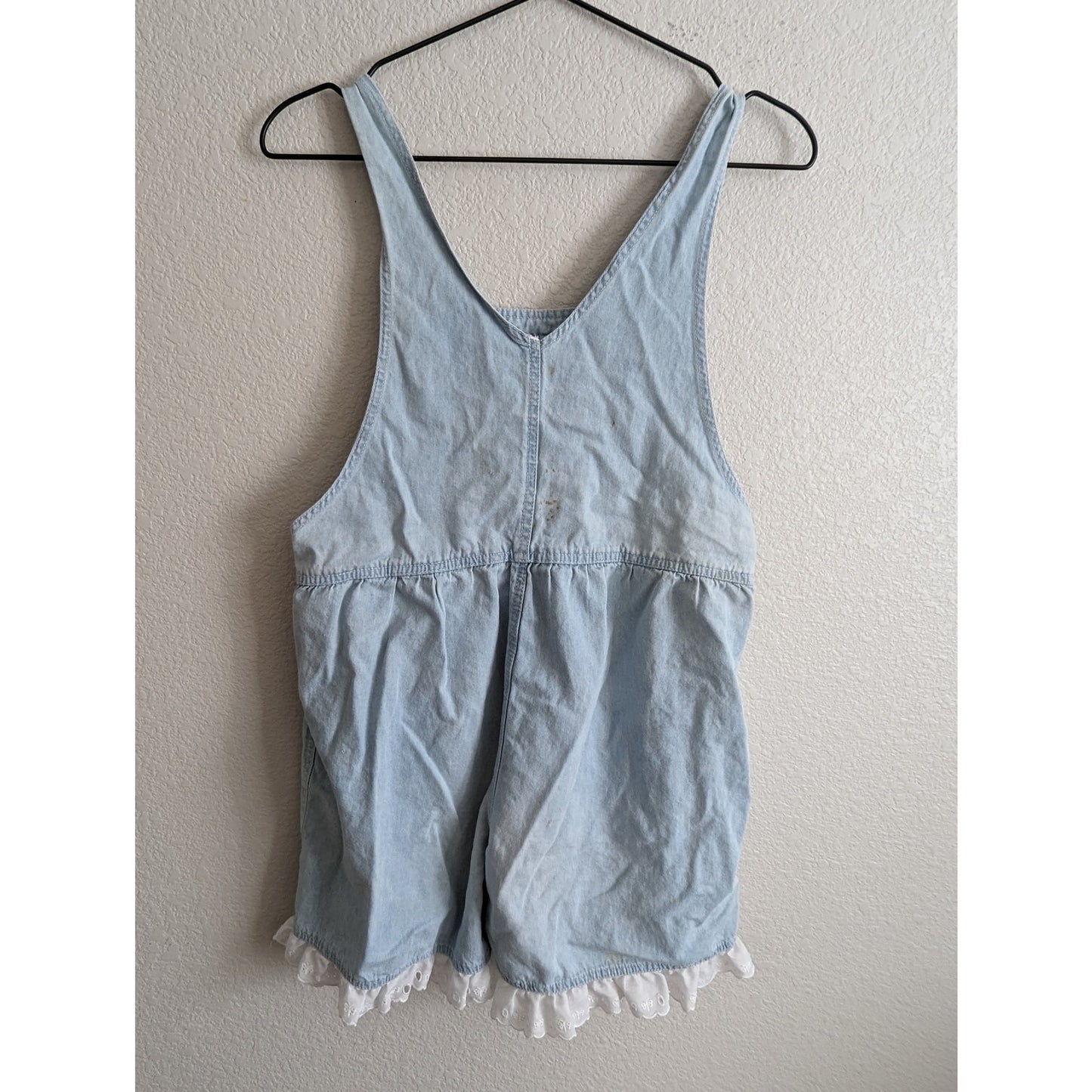 Vintage 1990s Girls Sz 14 Shortalls Overalls Blue Chambray Lace Trim