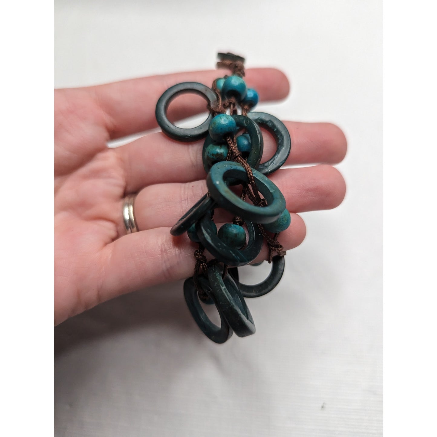 Vintage 1970s Teal Wooden BEaded Tiered Chunky Bracelet Brown String
