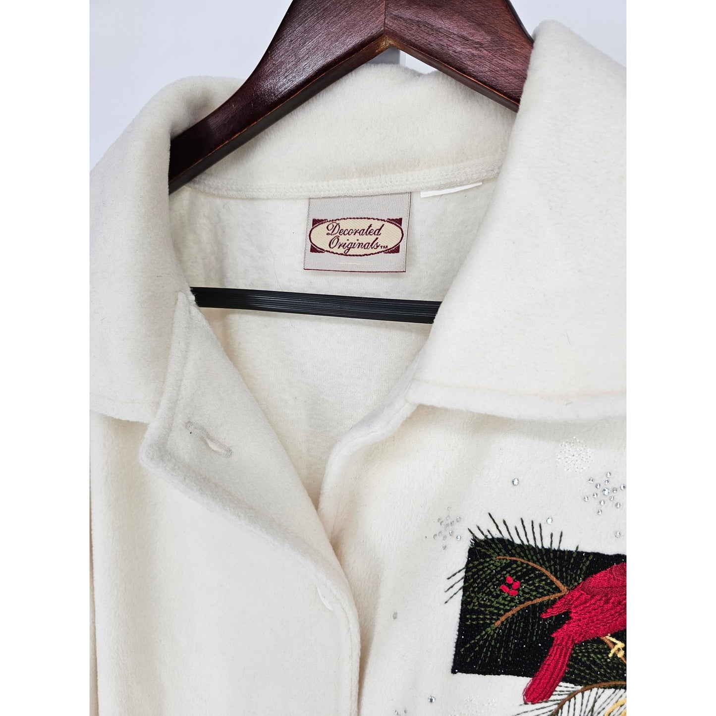 Decorated Originals Womens Sz 1X Fleece Jacket Cream Cardinal Bird Embellished
