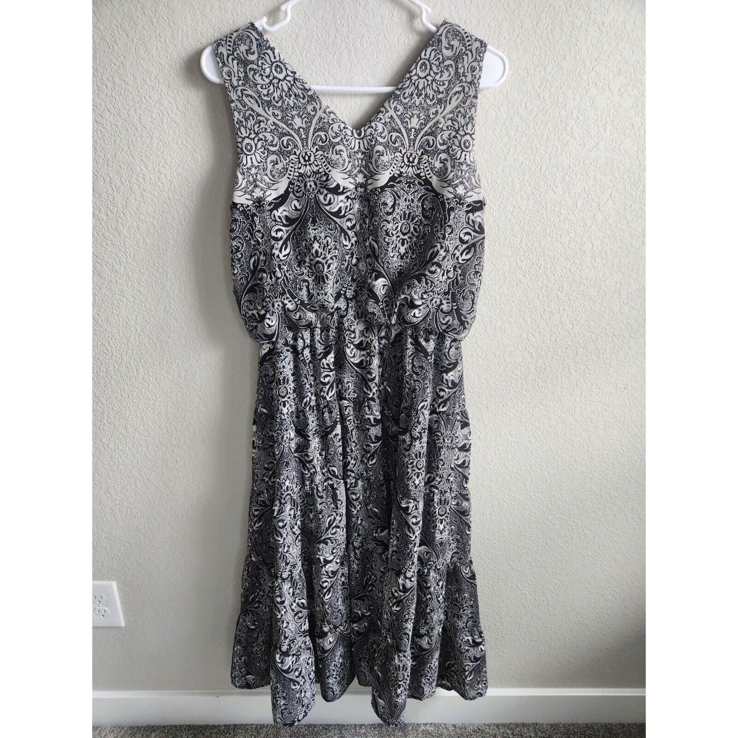 Perceptions Womens Sz 10P Petite Midi Dress Black White Print Sleeveless