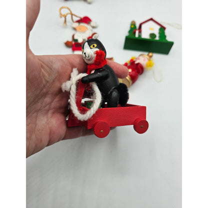 Lot of 5 Vintage Hand Painted Wooden Christas Ornaments Cat Birdhouse Santa