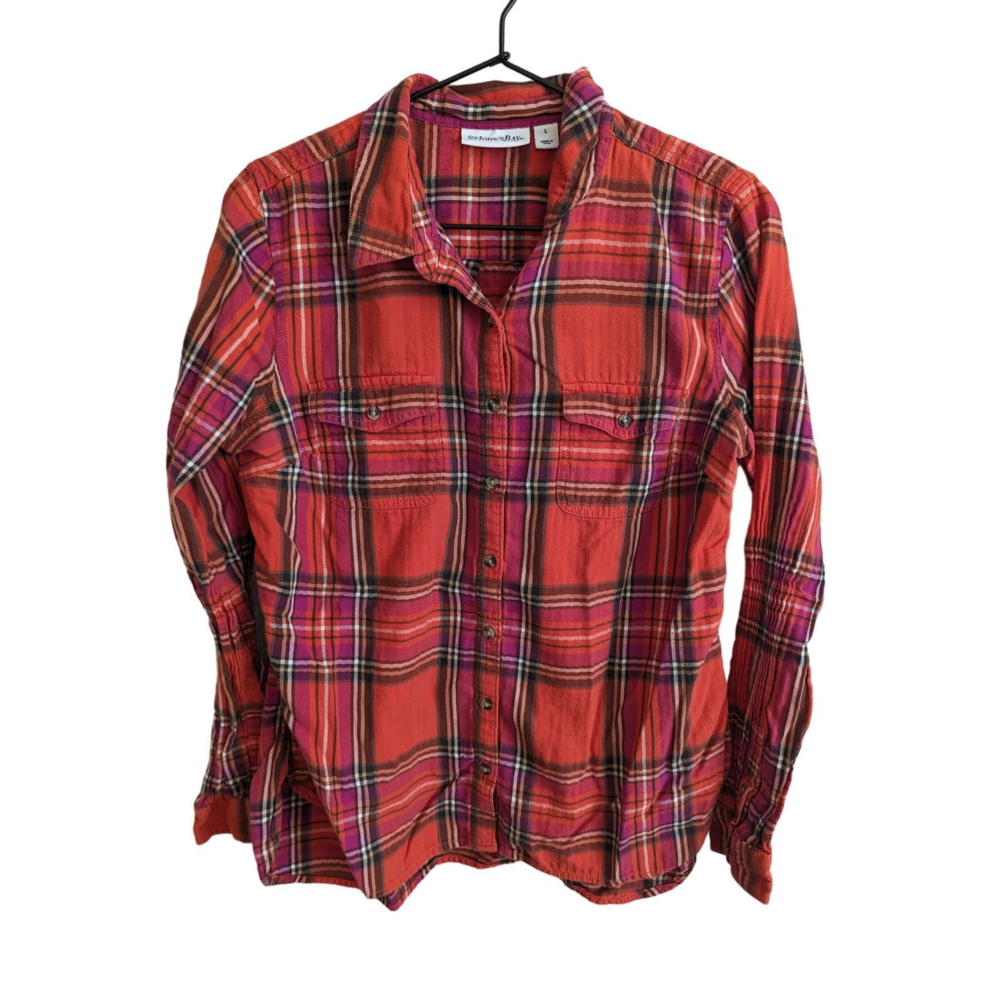 St Johns Bay Womens Sz L Long Sleeve Button Down Plaid Flannel Shirt Red