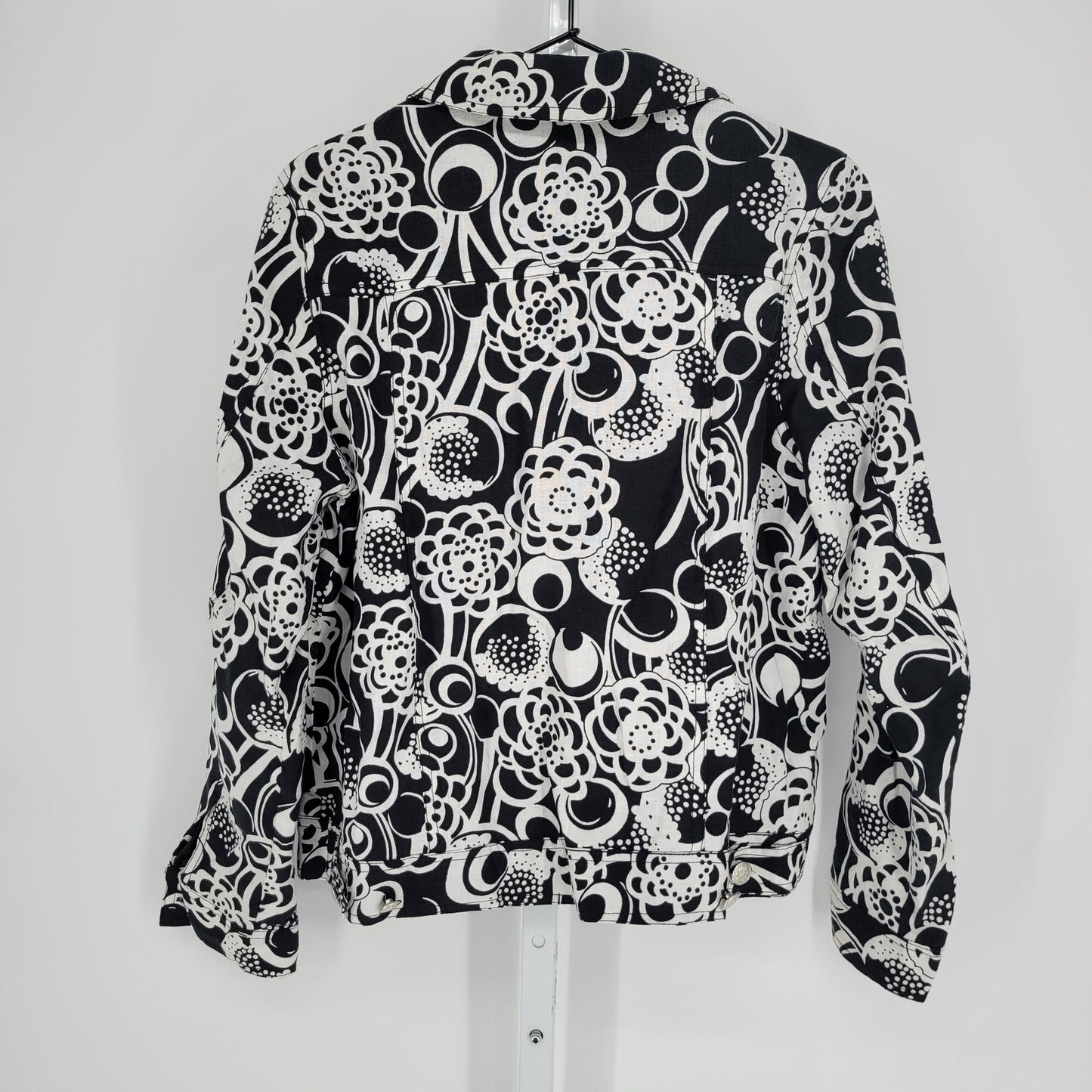 Birch Hill Womens Sz M 100% Linen Button Up Jacket Black White Floral