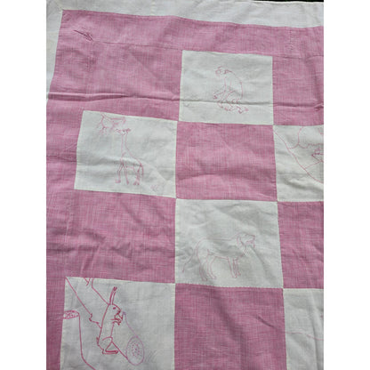 Vtg 1960s Handmade Baby Blanket Quilt Pink White Checkered Needlepoint Animals