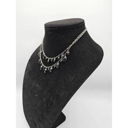 Vintage Y2K 2 Strand Beaded Chain Necklace Black Teardrop Rhinestones