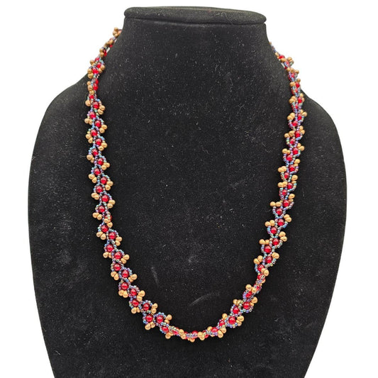 Vintage Y2K Seed Bead and Glass Beaded Braided Necklace Red Purple Gold