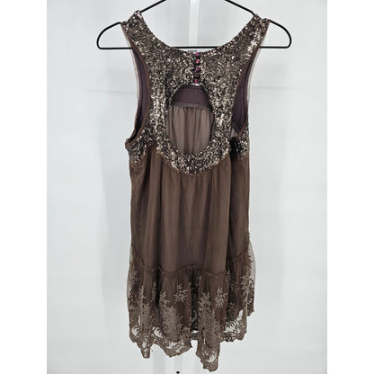 Free People Womens Sz S Mirror Mirror Tunic Dress Brown Sequin Lace Gold