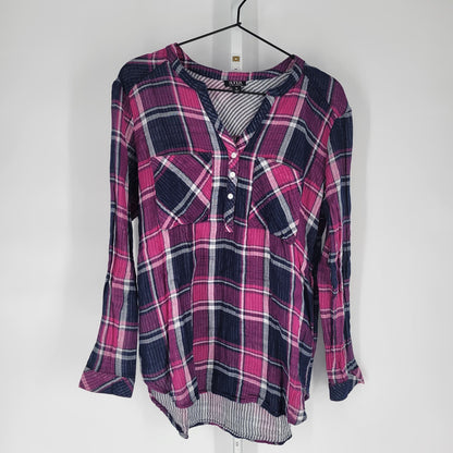 ANA A New Approach Womens Sz M Long Sleeve Plaid Henley Shirt Pink Purple