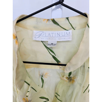 Dorothy Schoelen Platinum Womens Sz M Semi Sheer Button Up Blouse Yellow Floral