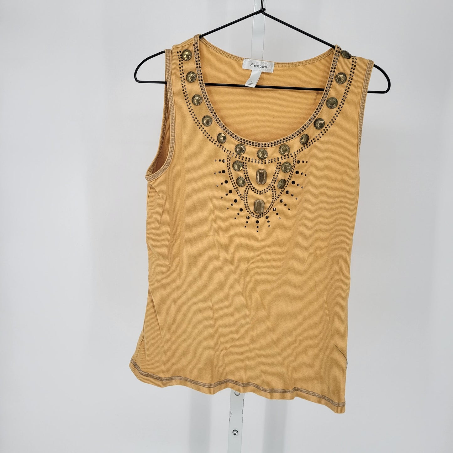 Dressbarn Womens Sz L Tank Top Light Yellow Ribbed Gold Studded Detail