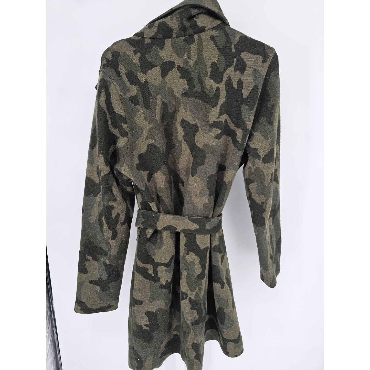 WHBM Womens Sz L Belted Wool Blend Knee Length Coat Green Camo Camouflage