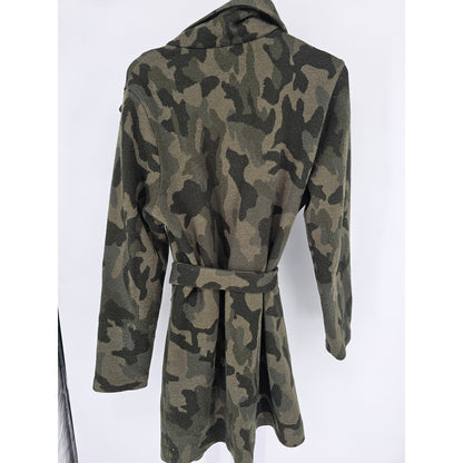 WHBM Womens Sz L Belted Wool Blend Knee Length Coat Green Camo Camouflage