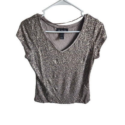 INC International Concepts Womens Sz M Gold Sequin Shirt V Neck Short Sleev