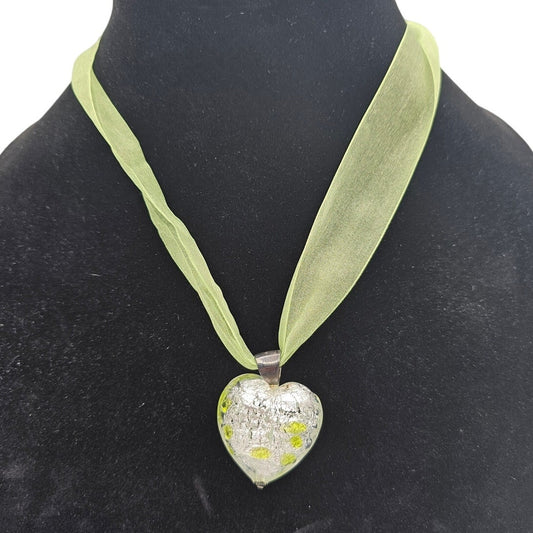 Vintage Y2K Glass Heart Pendant Necklace Lime Green Ribbon Style