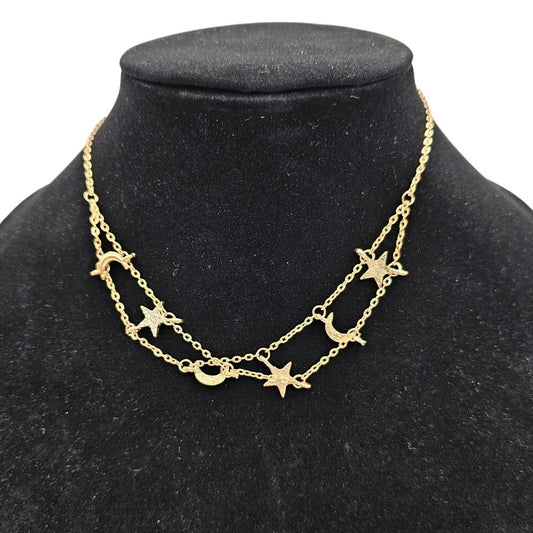 Vintage Y2K Gold Tone Dainty Choker Necklace Sun Moon Star Charms