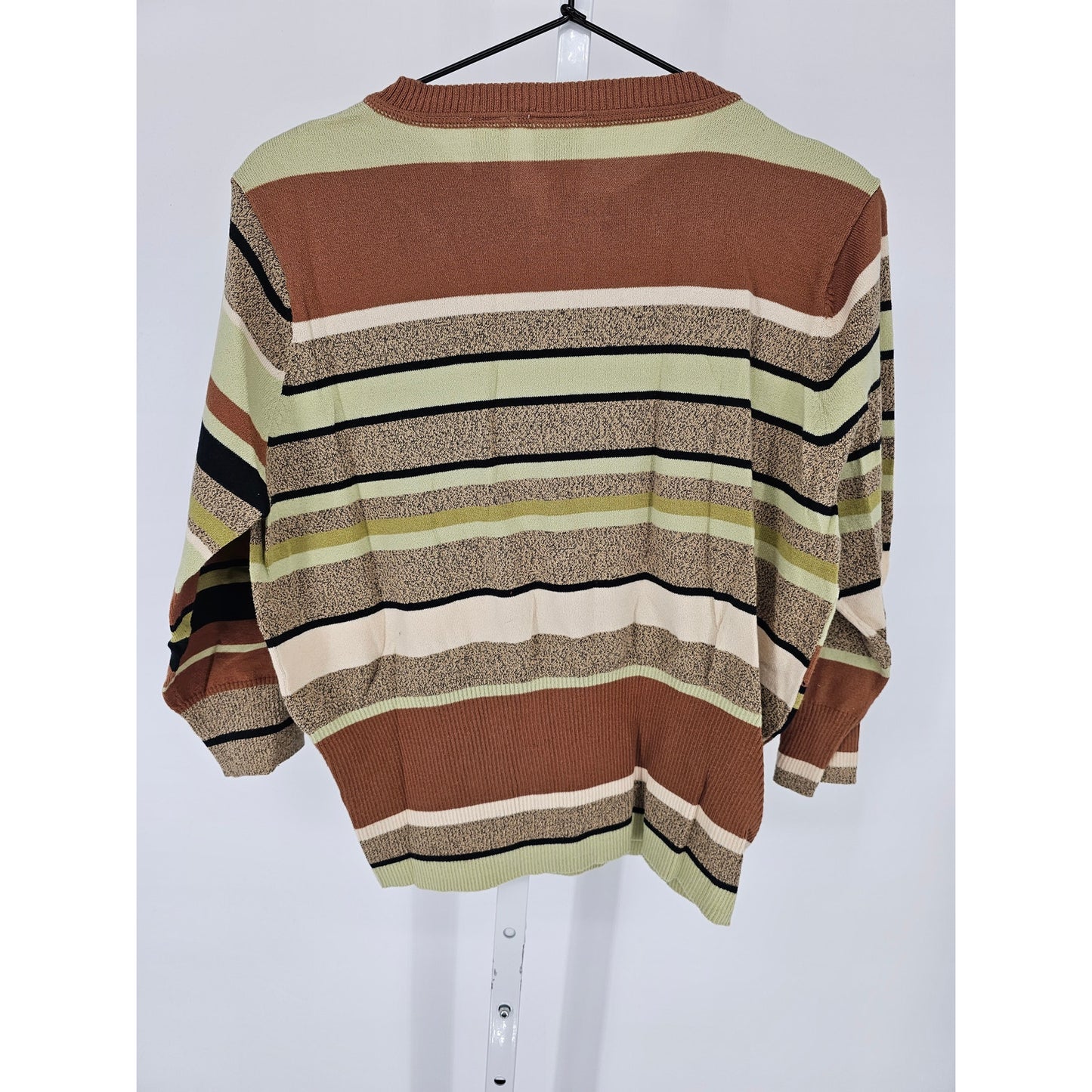 Emma James Womens Sz PXL Petite Cardigan Sweater Striped Brown Green Lightweight