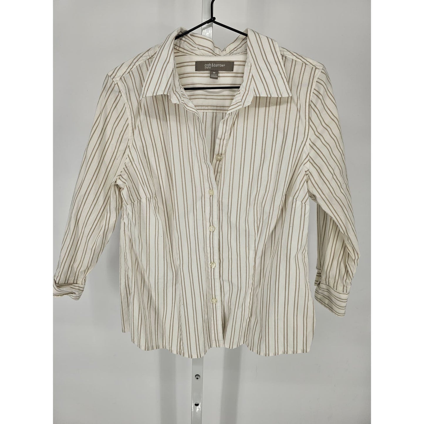 Croft & Barrow Womens Sz M Long Sleeve Button Up Dress Shirt Cream Tan Striped