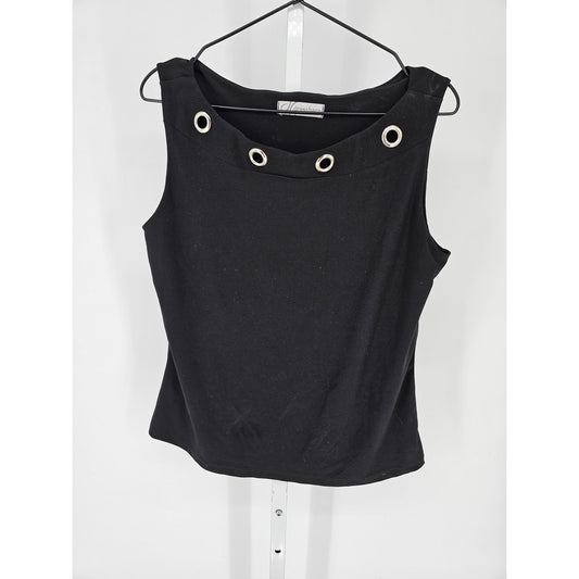 Dressbarn Womens Sz M Cotton Sleeveless Blouse Tank Top Black Silver Neckline