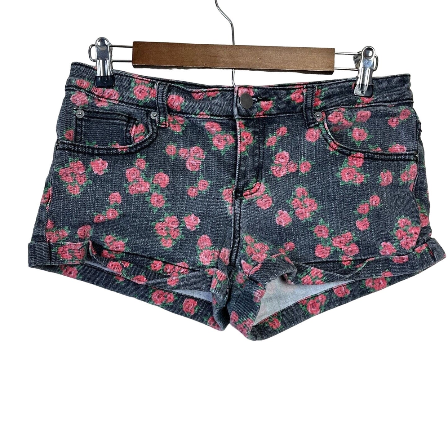 Forever 21 Premium Denim Shorts Black Pink Floral Jean Shorts