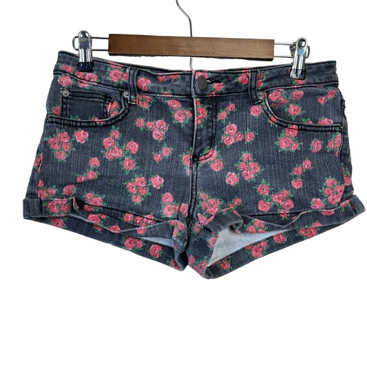 Forever 21 Premium Denim Shorts Black Pink Floral Jean Shorts