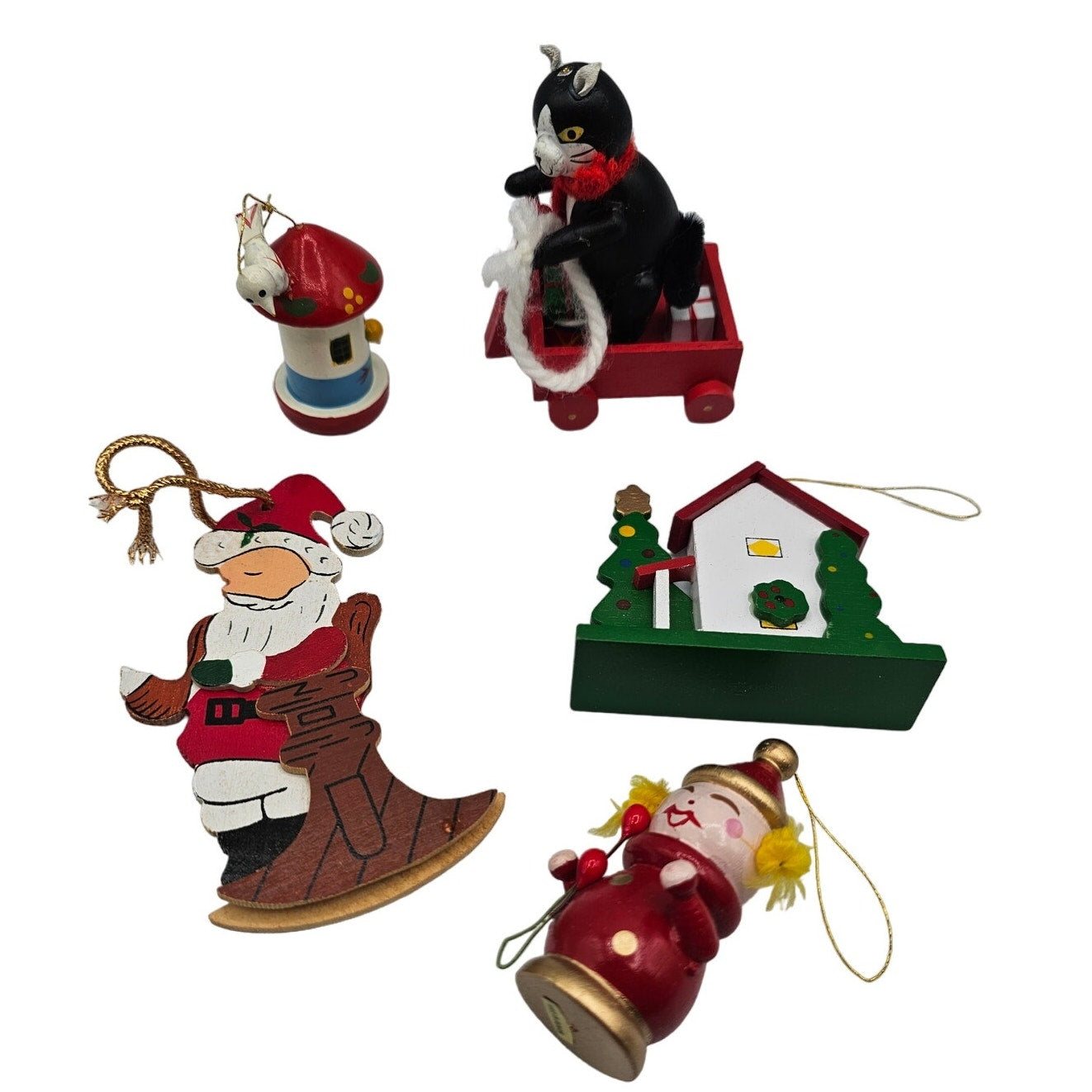 Lot of 5 Vintage Hand Painted Wooden Christas Ornaments Cat Birdhouse Santa