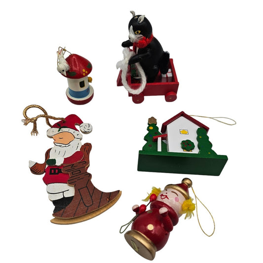 Lot of 5 Vintage Hand Painted Wooden Christas Ornaments Cat Birdhouse Santa