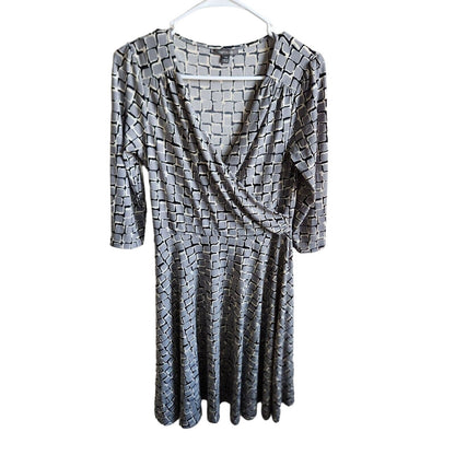 Apt 9 PM Petite Midi Dress Silver Gray Black Faux Wrap 3/4 Sleeve