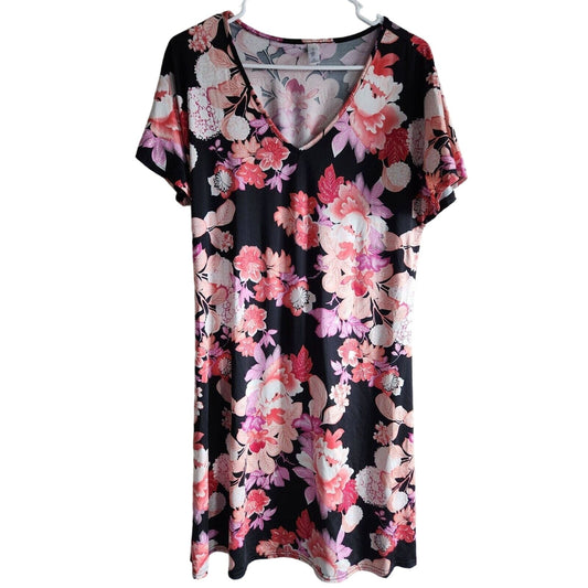 Cruz Womens Sz M Knee Length Short Sleeve Dress Black Pink Floral