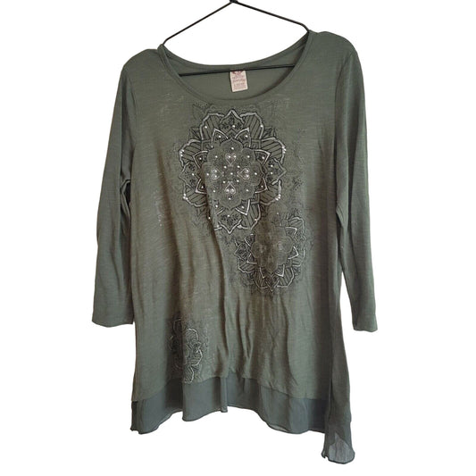 Faded Glory Womens Sz L Long Sleeve Tunic Top Olive Green Studded Mandala