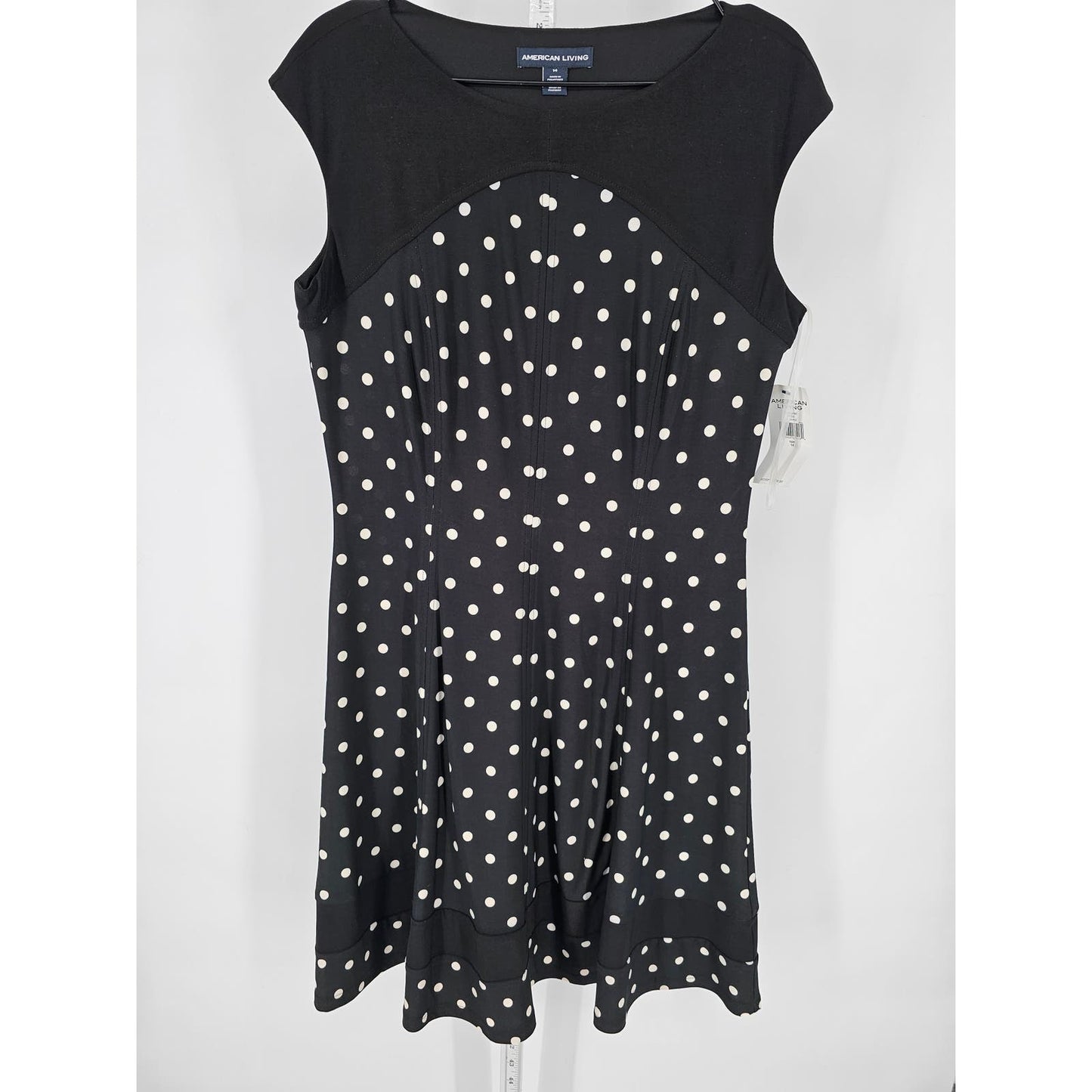 American Living Womens Sz 14 Knee Length Dress Black White Polka Dot Pinup NEW